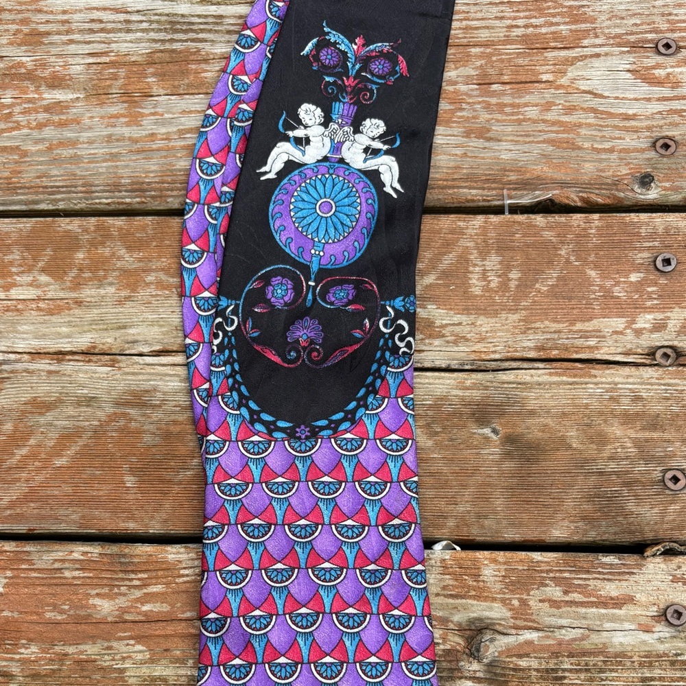 Colorful Patterned tie, silk tie, purple green and blue tie, Cupid tie, handmade